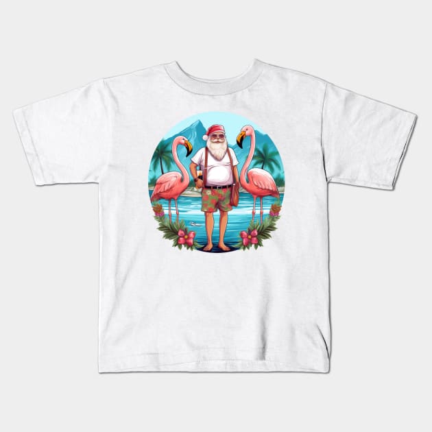 christmas in july santa at the lake with flamingos Kids T-Shirt by Sara-Design2